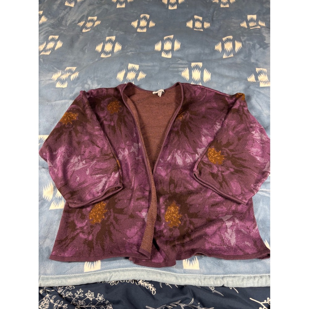 Peruvian Connection Purple Floral Jacquard Open Front Cardigan Sweater Large